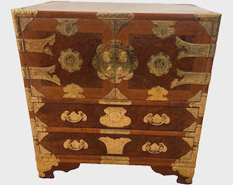 Vintage Korean Elm Burl Brass Bound Bandaji Small Chest Wedding Cabinet Felt