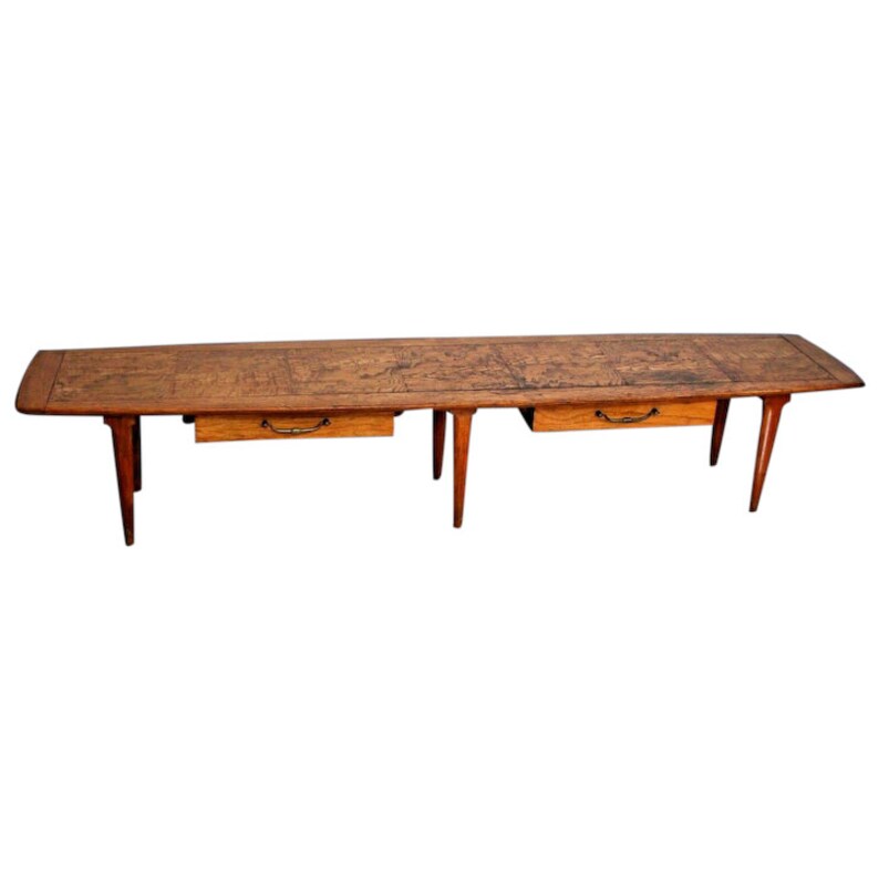 Mid Century Surfboard Coffee Table - Mid Century Modern Walnut Danish Style Surfboard Coffee Table Mid Century Coffee Table Coffee Table Surfboard Coffee Table / Gorgeous midcentury oval shaped coffee table with slightly slanted solid wood tapered legs, a walnut veneer top, and a breathtaking dark pecan finish.