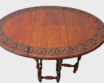 Antique Oval Gate Leg Kitchen Table Drop side Leaf Carved Mahogany Barley Twist