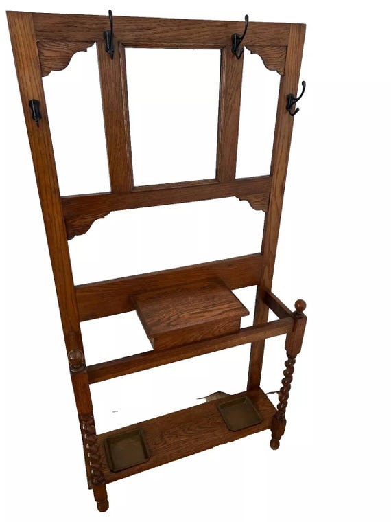 Antique Hall Tree Glove Box Umbrella Stand Barley Twist Oak Mirror