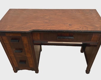 Art Deco Wall Desk Petite Size Four Dovetail Jointed Drawers Two Tone Walnut