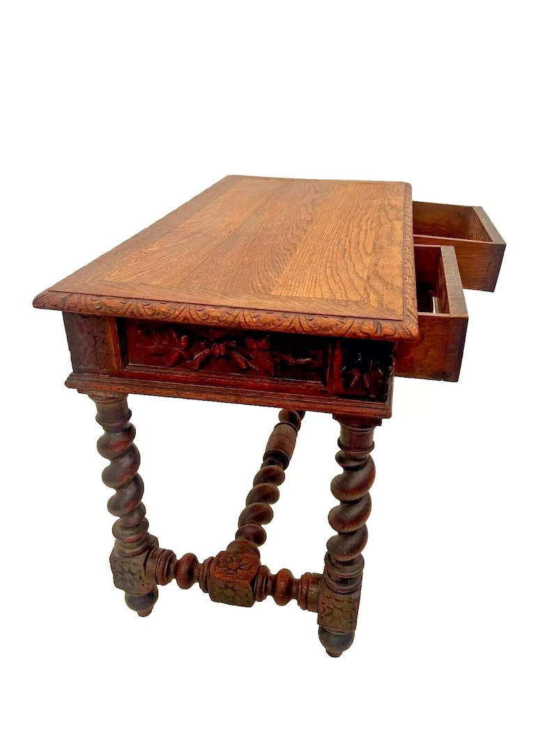 Antique Victorian Gothic Sofa Table Console Barley Twist Legs Two Drawers image 6