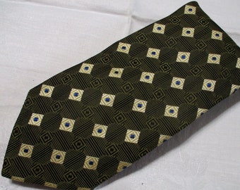 Lombardo Dallas Vintage  Silk Necktie tie Green  Beige geometric Made in Italy