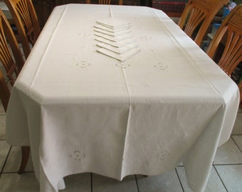 100x69 Vintage antique banquet size Embroidery & Cutwork Tablecloth 8 Napkins