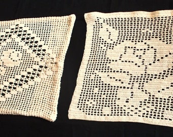 Vintage handmade Crocheted crochet Pillow Cover and doily rose Motif beige ecru