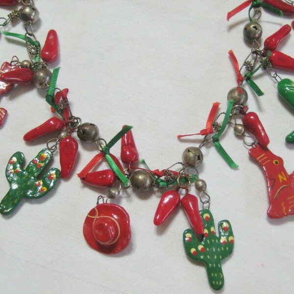 Vintage HOT CHILI PEPPER cactus hats boots charms Mexican wedding necklace