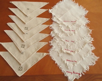 Vintage Antique  Estate bar Cocktails linen Napkins lot of 13 ecru beige hand embroidered