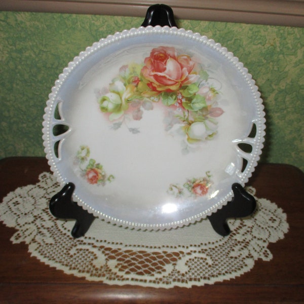 1914 -1922 Antique Luster Opalescent  SILESIA PK  roses  PLATE Open  work  Sawtooth ornated trim edges