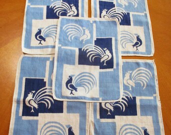 Vintage Estate Roosters bar Cocktails Napkins lot of 5 blue cloth