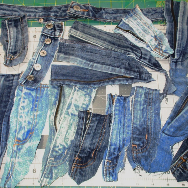 big lot Jeans Zipper Fly and other scraps denim recycled vintage fabric cotton assorted blue tone upcycled arts and crafts