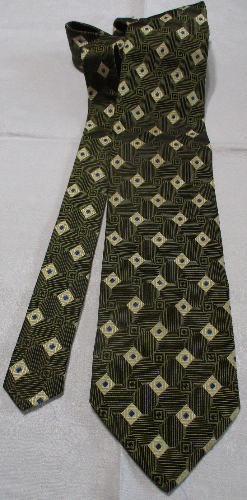 Cravate vintage en soie Lombardo Dallas vert beige géométrique Fabriquée en Italie image 4