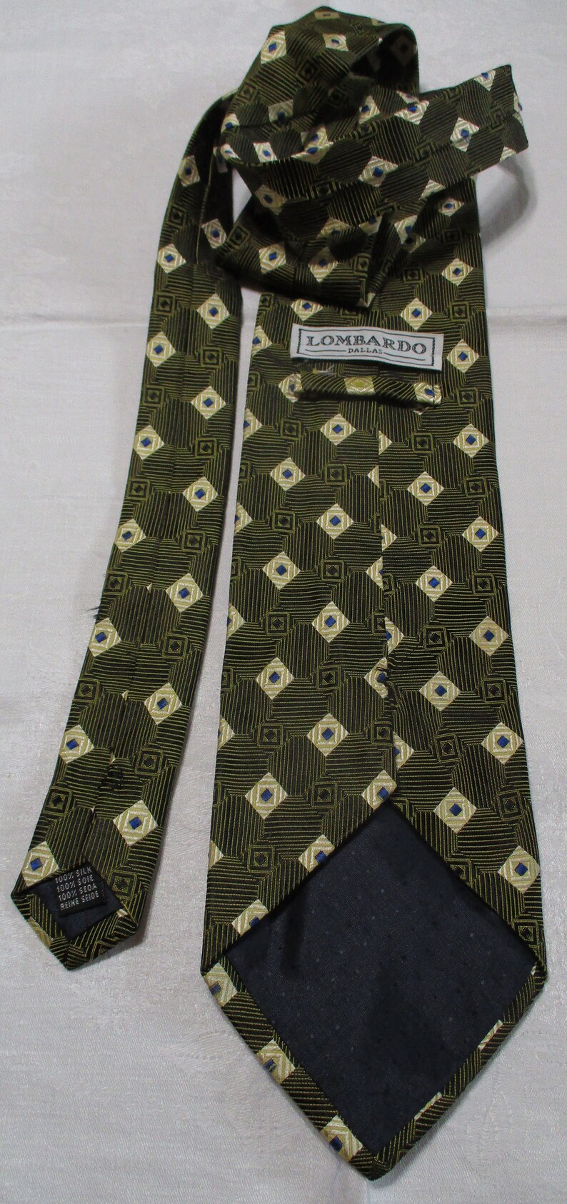 Cravate vintage en soie Lombardo Dallas vert beige géométrique Fabriquée en Italie image 3