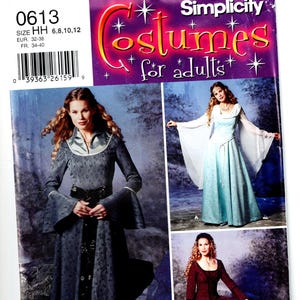 May include: Simplicity 0613 costume pattern for adults. The pattern features medieval-style dresses in various colors. The package includes the text "Costumes for adults" and "Simplicity Trims".