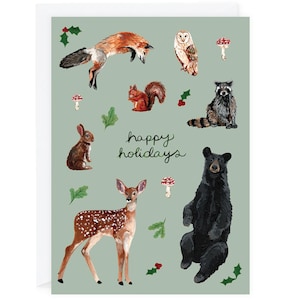 Cartão de Boas Festas, Criaturas da Floresta, Animais da Floresta, Cogumelos, Em Branco por Dentro, Feito com Papel Reciclado de Pinturas Originais