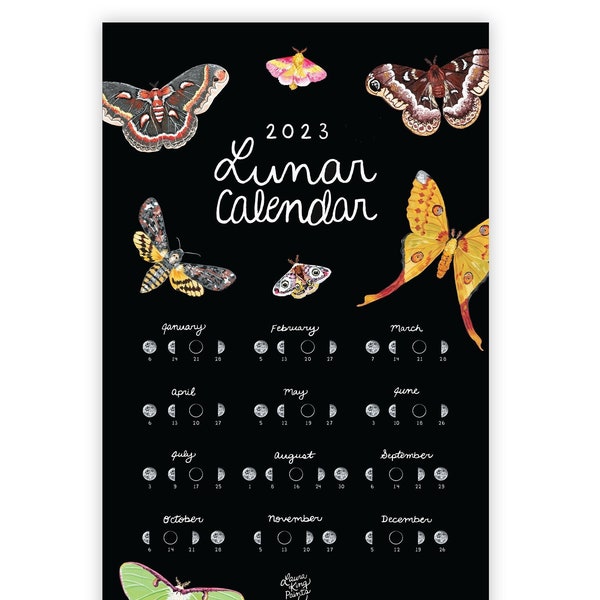 2023 Lunar Calendar, 11x17 12-Month Print with Moths, Created from Original Paintings, Wall Decor Office