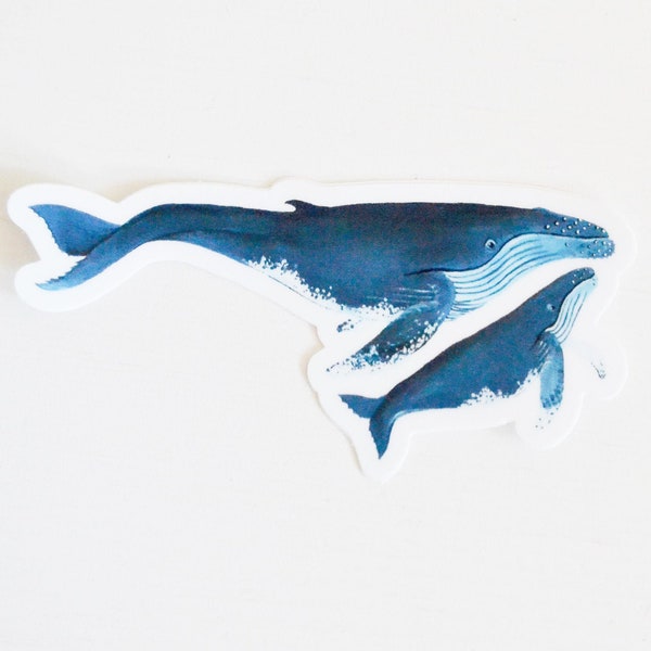 Blue Whale Sticker, Whale Mom With Calf, Die Cut 4"x2", Handmade Vinyl Sticker from Acrylic Painting, Mother's Day Gift, Baby Shower Gift