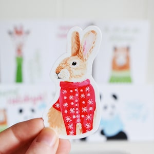 Lapin en chandail vacances autocollant, découpé 3 "x 2", autocollant en vinyle fait à la main à partir de peinture acrylique, bas de Noël, cadeau de Noël Hanukkah
