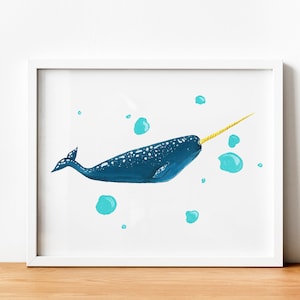 Narwhal Printable Art, Downloadable Digital Print, Original Painting Art Print, Nursery Wall Art, Animal Nautical Bubbles