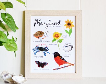 Maryland in Summer Art Print, 8&quot;x10&quot;, Option to Add Frame, Maryland Gift, Baltimore Maryland, Housewarming Gift, Chesapeake Bay Gift