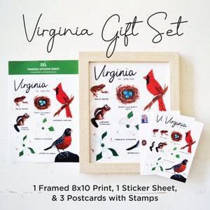 Coffret cadeau Virginia avec impression d’art encadrée, feuille d’autocollants et 3 cartes postales avec timbres, souvenir de Virginie, cadeau de pendaison de crémaillère