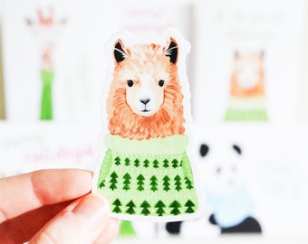 Llama in Sweater Holidays Sticker, Die Cut 3"x2", Handmade Vinyl Sticker from Acrylic Painting, Stocking Stuffer, Christmas Hanukkah Gift