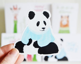 Panda in Sweater Holidays Sticker, Die Cut 3"x3", Handmade Vinyl Sticker from Acrylic Painting, Stocking Stuffer, Christmas Hanukkah Gift