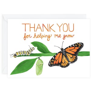 Tarjeta de felicitación "Gracias por ayudarme a crecer", 5" x 7", papel 100 % reciclado, tarjeta con la metamorfosis de la mariposa monarca, algodoncillo de oruga en forma de capullo