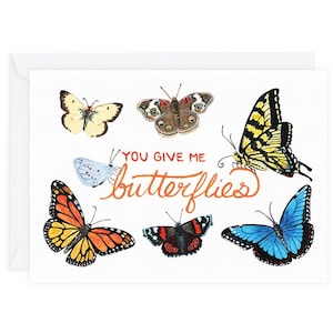 Tarjeta de felicitación "You Give Me Butterflies", 5" x 7", día de San Valentín, amor, aniversario de bodas, hecha a partir de pintura original, reciclada