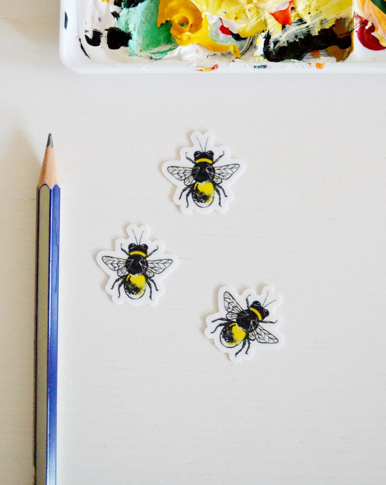 Tiny Bee Stickers 5-Pack or 10-Pack, Die Cut 1x1 Handmade Vinyl Stickers, Bumblebee Sticker image 2