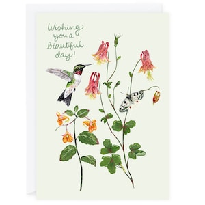 Desejando a você um lindo cartão comemorativo de dia, 5"x7", papel 100% reciclado, aniversário, casamento, amor, beija-flor, borboleta, plantas, natureza