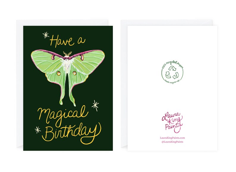 Haben Sie eine magische Geburtstags-Grußkarte, 13x18, 100% Recyclingpapier, Luna Moth, Happy Birthday Card, Magical Moths Whimsical, Painted Bild 2