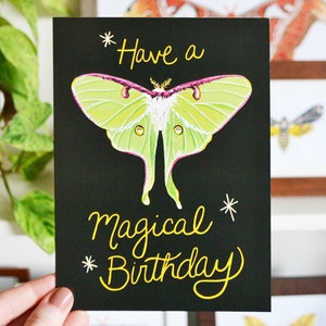 Haben Sie eine magische Geburtstags-Grußkarte, 13x18, 100% Recyclingpapier, Luna Moth, Happy Birthday Card, Magical Moths Whimsical, Painted Bild 3