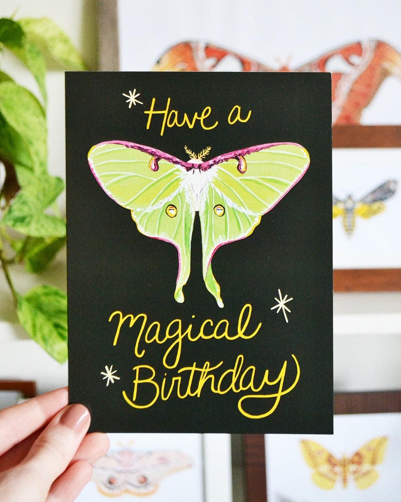 Haben Sie eine magische Geburtstags-Grußkarte, 13x18, 100% Recyclingpapier, Luna Moth, Happy Birthday Card, Magical Moths Whimsical, Painted Bild 3
