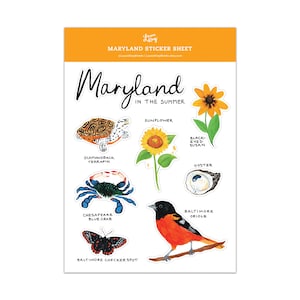 Maryland Sticker Sheet, 7"x10", 8 Die Cut Stickers, Maryland in the Summer, Baltimore Maryland Gift, Housewarming Gift, Chesapeake Blue Crab