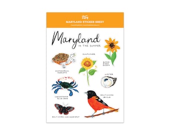 Maryland Sticker Sheet, 7"x10", 8 Die Cut Stickers, Maryland in the Summer, Baltimore Maryland Gift, Housewarming Gift, Chesapeake Blue Crab