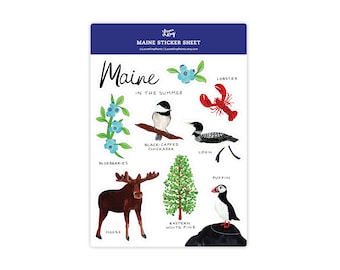 Maine Sticker Sheet, 7&quot;x10&quot;, 9 Die Cut Stickers, Maine in the Summer, Maine Souvenir, Vinyl Stickers, Lobster, Blueberries, Visit ME