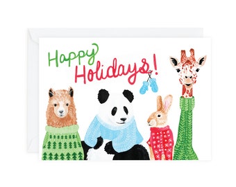 Happy Holidays Card, 5-Pack, 10-Pack, Christmas Card, Animals in Sweaters, Cute Animal Greeting Card, Panda, Giraffe, Llama, Rabbit