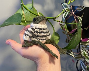 MADE TO ORDER: TikTok Frog + Sweater Amigurumi -  Handmade Knit Stuffed Animal Toy - Woodland Nursery Decor Claire Garland Dot Pebbles Knits