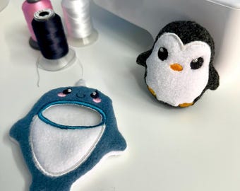 Penguin mini plush with narwhal onesie, pocket pals, palm pet, tiny stuffed animal, desk pet