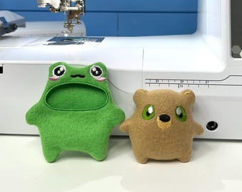 Beige bear, mini plush with frog onesie, pocket pals, palm pet, tiny stuffed animal, desk pet