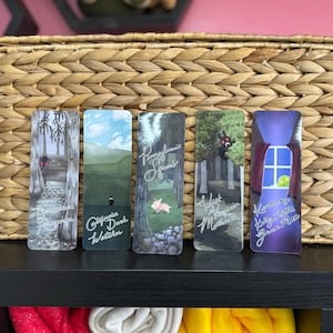 Cryptid Bookmarks featuring Mothman, Kelly Little Green Man, Rougarou, Dark Watcher and Squonk