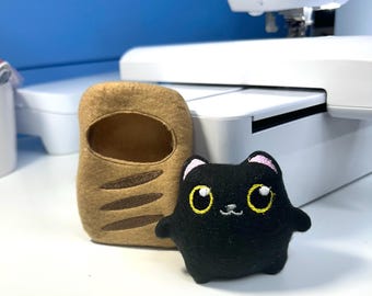 Black kitty, mini plush with baguette onesie, pocket pals, palm pet, tiny stuffed animal, desk pet