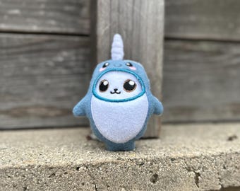 Kitty mini plush with narwhal onesie, pocket pals, palm pet, tiny stuffed animal, desk pet