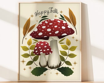 Fall Mushroom Wall Art, Happy Fall Wall Art, Autumn Botanical Wall Art, Woodland Wall Art, Fall Art for Kitchen, Fall Art Living Room