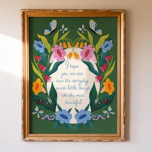 Flower & Bug Nursery Art Print – &quot;Sweet Little Things&quot; Quote Wall Decor with Ladybugs And Butterflies for Kids Room or Baby Girl Nursery