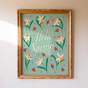 Hello Spring Art Print - Daffodil Flowers with Ladybugs & Raindrops - Whimsical Spring Wall Art - Seasonal Home Decor Illustration