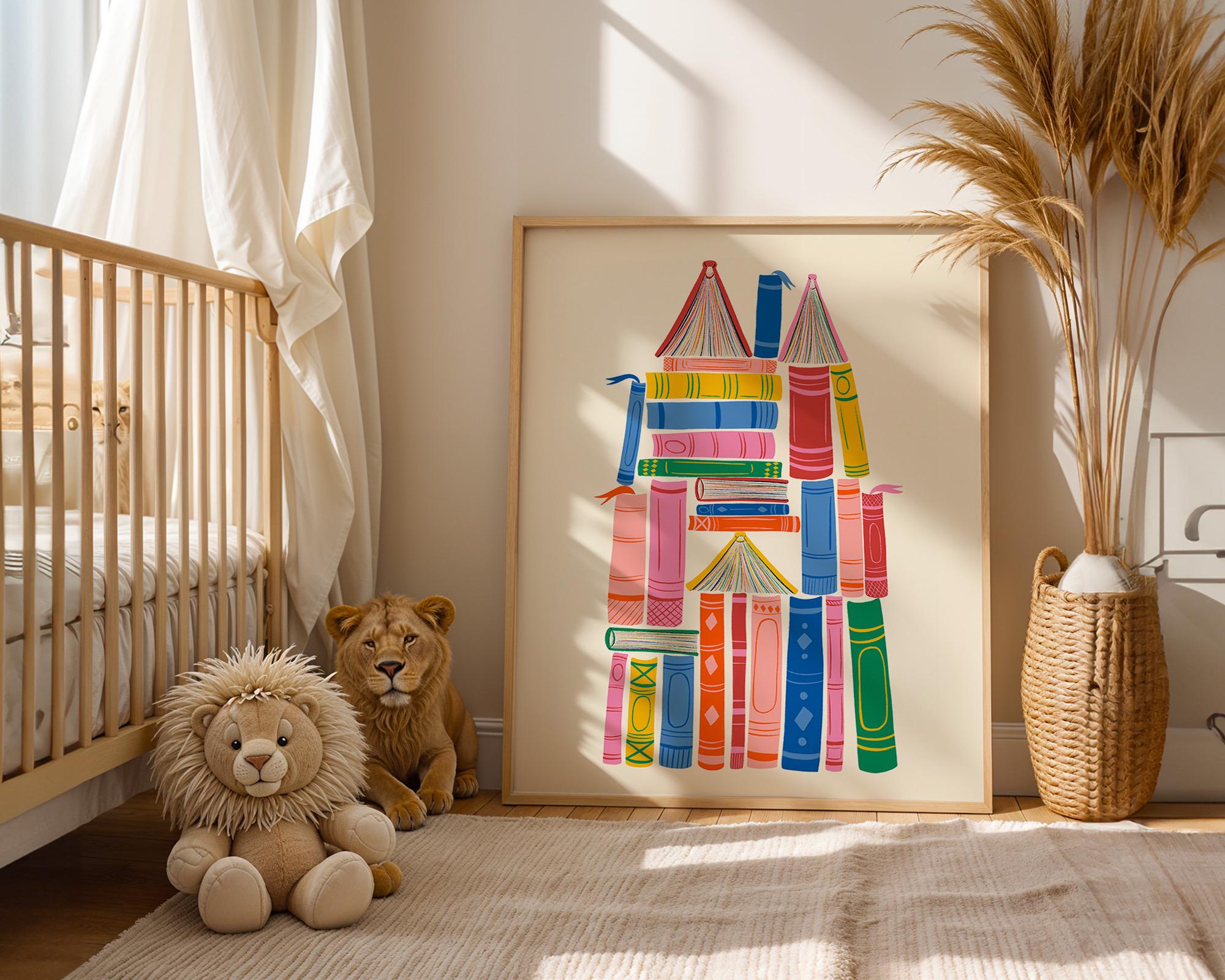 Book Castle, Book Art, Nursery Room Reading Art, Classroom Art, Gift For Reader, Colorful Kids Room, Reading Nook Art