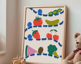 Ants and Fruit Kids Wall Art Print – Whimsical Bug and Fruit Nursery Decor | Cute Insect Artwork for Playroom, Toddler Room or Preschool