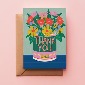 Tarjeta de agradecimiento con flores de colores, nota floral de agradecimiento y una linda y alegre tarjeta de agradecimiento.