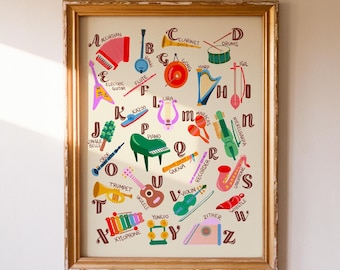 Lámina artística del alfabeto musical para niños, ilustración de instrumentos de la A a la Z, arte mural musical para guardería, decoración de sala de juegos